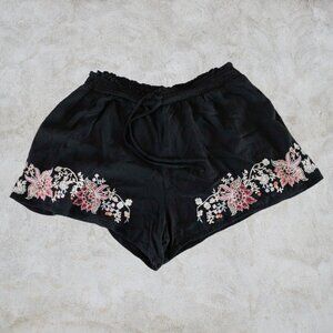 American Eagle Black Floral Embroidered Drawstring Shorts Lounge Boho Chic